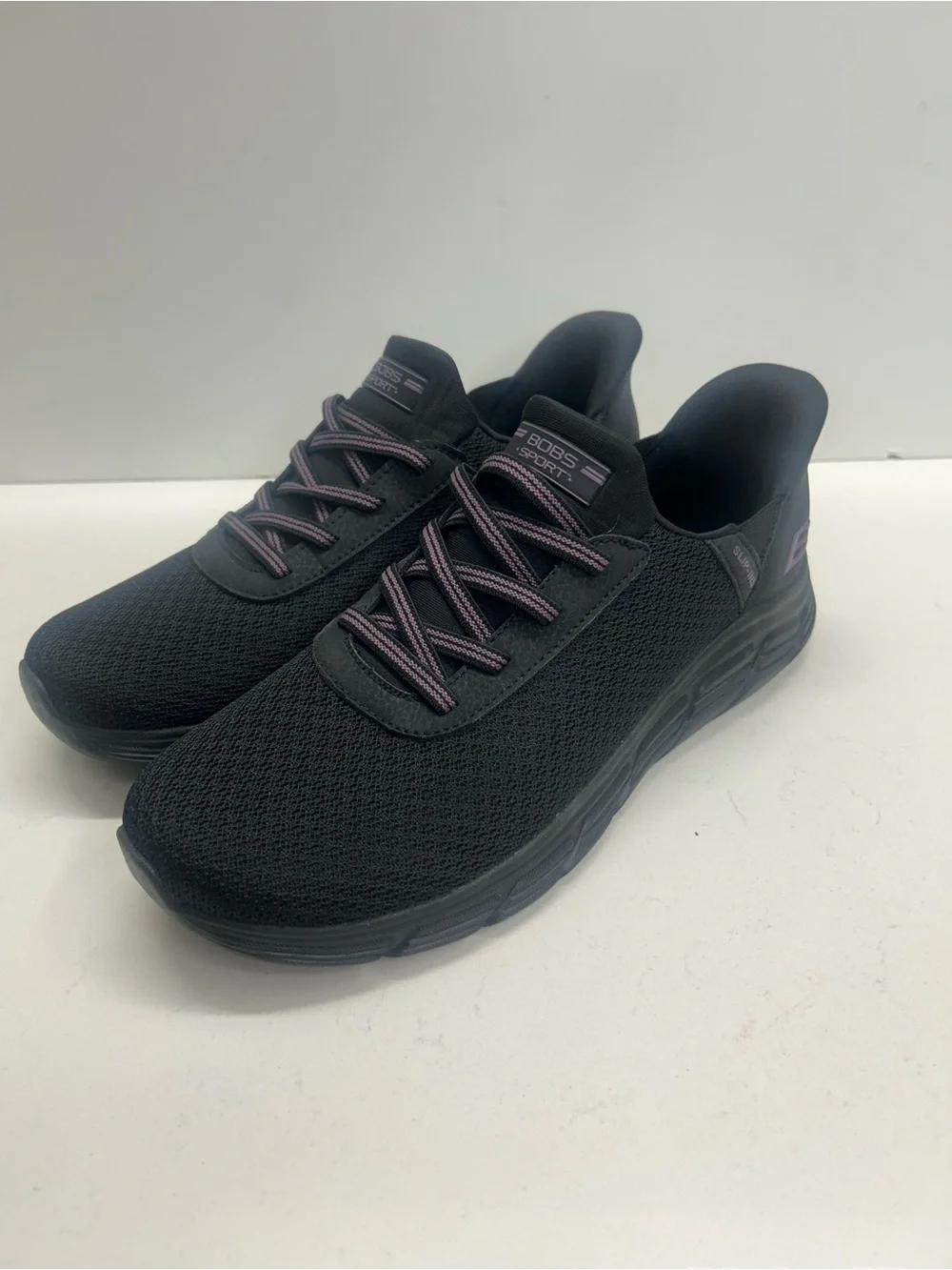 Bobs Black Knit Slip-On Sneakers with Purple-Trim Laces Size‎ 9